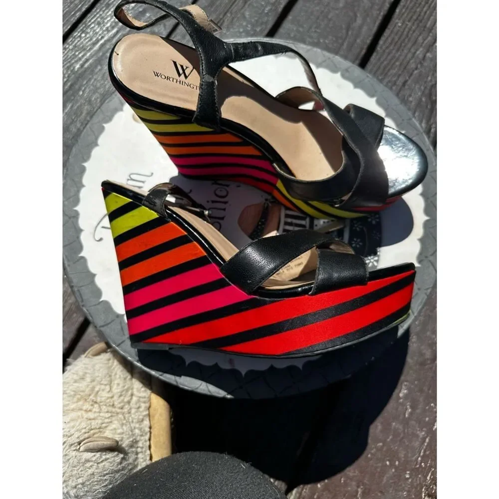 Color-Stripe Worthington Wedge Sandals in Black and Multicolor - Women